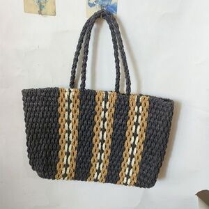Woven Stripe Tote Bag in Charcoal, Mustard & Cream